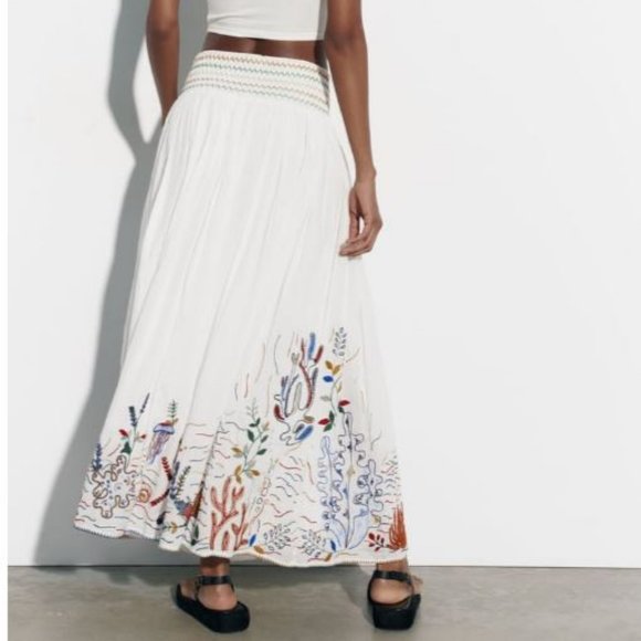 Zara Sea-Life Embroidered Long Cotton Skirt  Ecru XL - Picture 11 of 16
